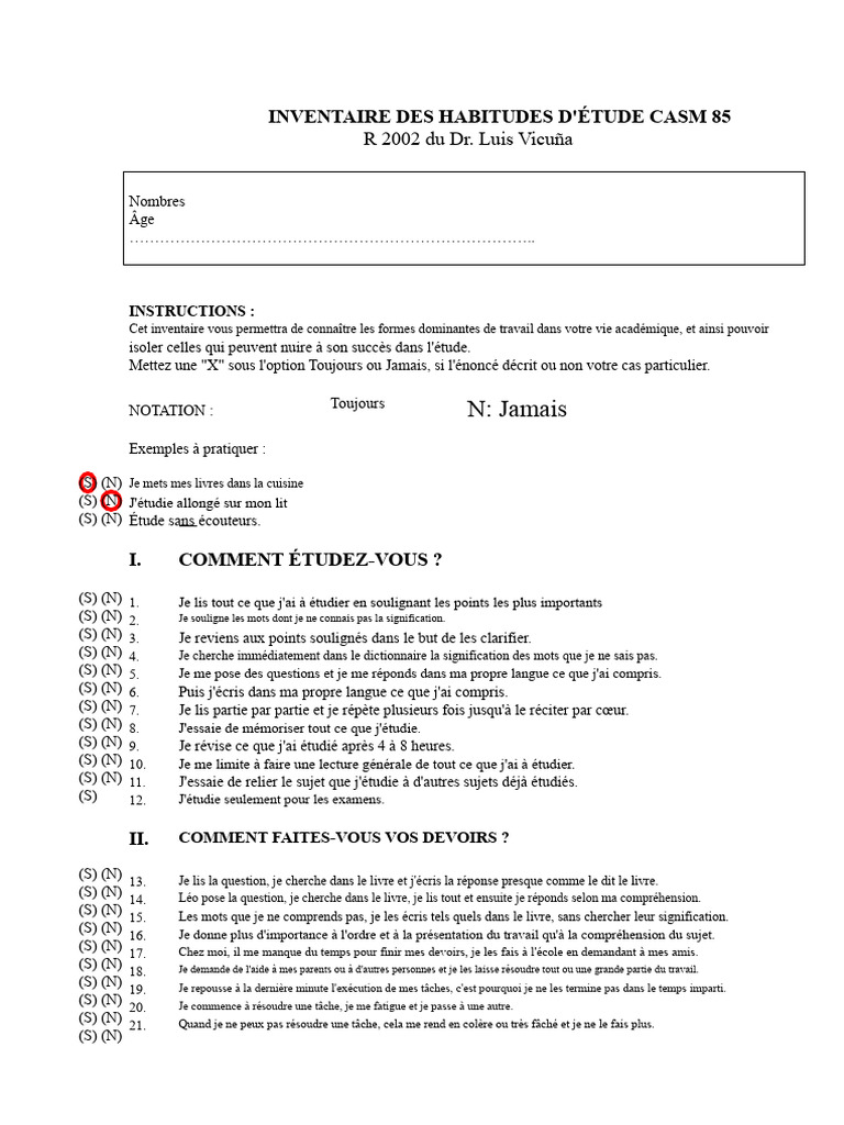 Inventaire des habitudes d'étude CASM 85 | PDF