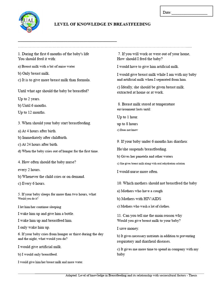 Breastfeeding Knowledge Assessment Tool | PDF | Breastfeeding | Breast Milk