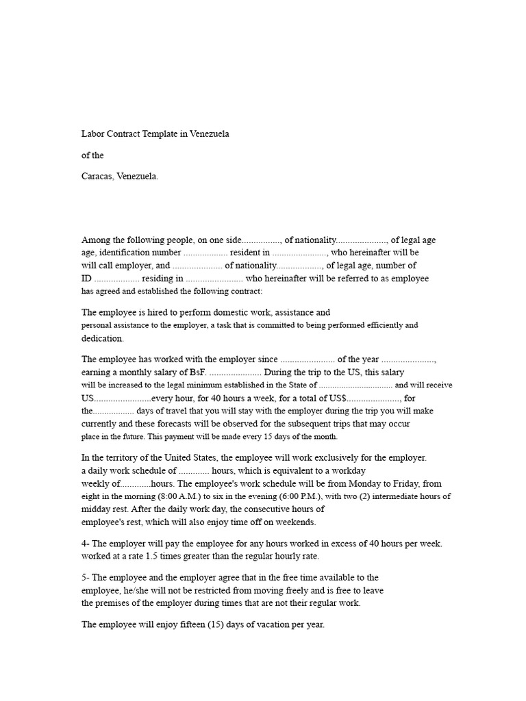 Venezuela Labor Contract Template | PDF | Employment | Salary