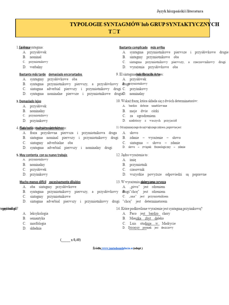Rodzaje Syntagm. Test. | PDF