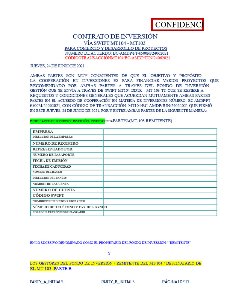 MT104 DDTR - MT103 Inversion Inicio Euro 500 M | PDF | Transferencia ...