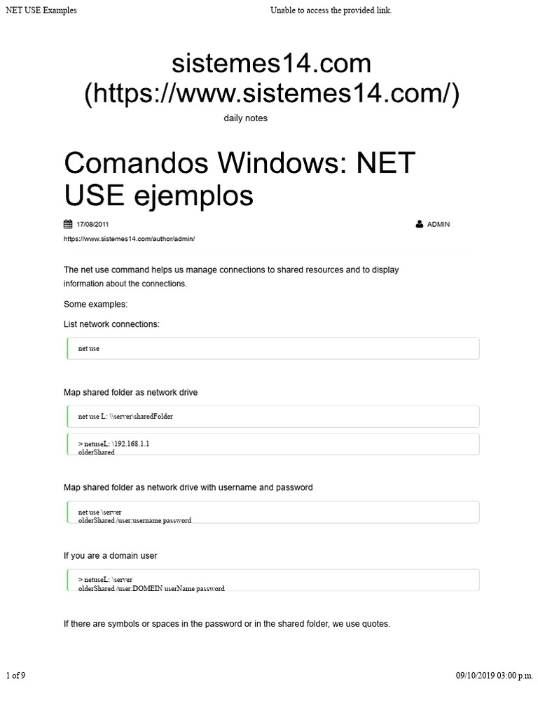 NET USE Command: Connection Examples | PDF | Password | User (Computing)