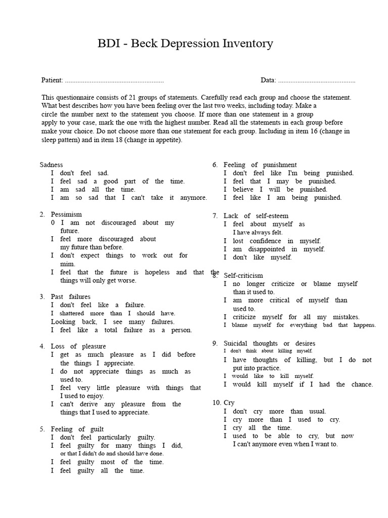 BDI - Beck Depression Inventory | PDF | Psychology | Behavioural Sciences