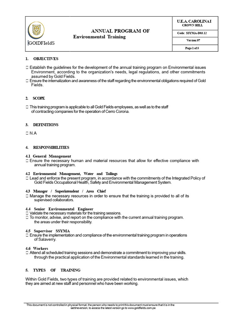 Annual Environmental Training Program | PDF | Occupational Safety And ...