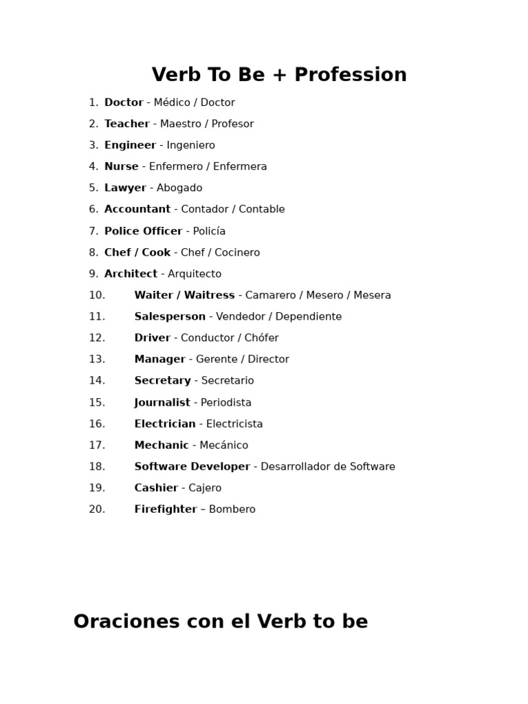 Verb To Be + Professions | PDF