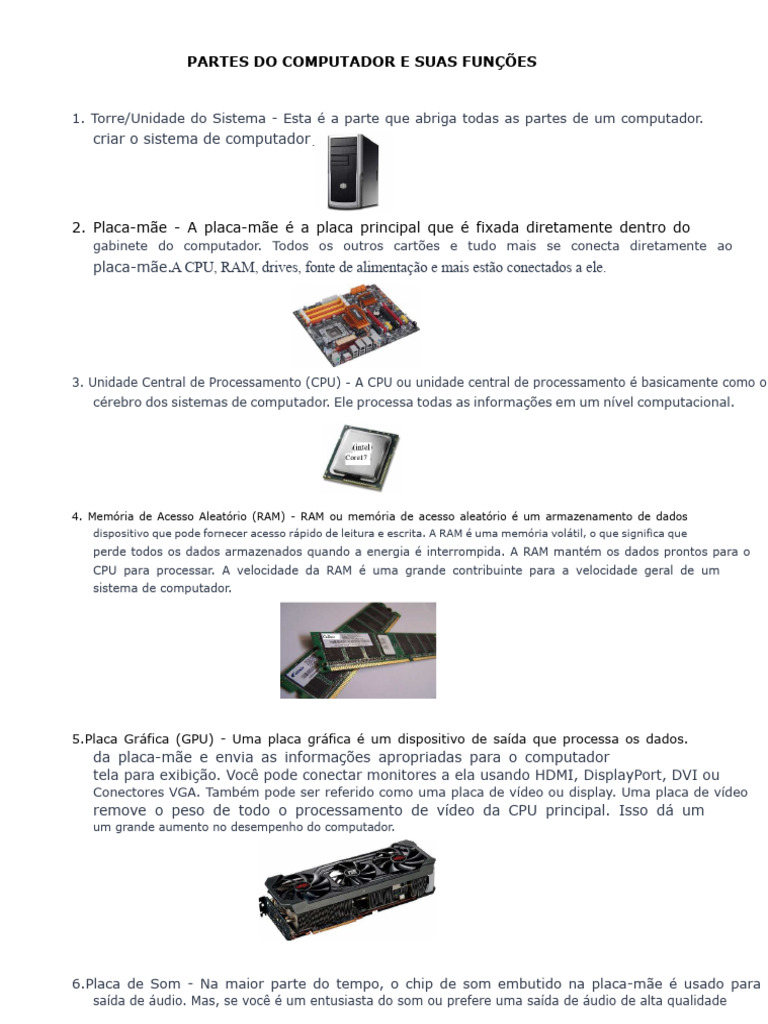 Partes do Computador e Funções | PDF | Armazenamento de dados de ...