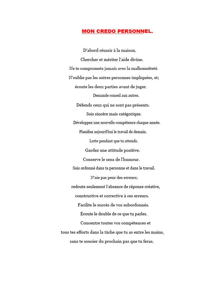 Mon Credo Personnel et Spirituel | PDF | Profession de foi | Synode