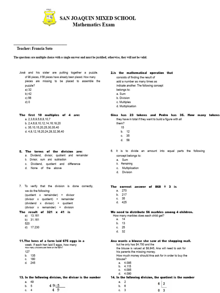 Mathematics Exam Third Period Grade Three | PDF | Division (Mathematics ...