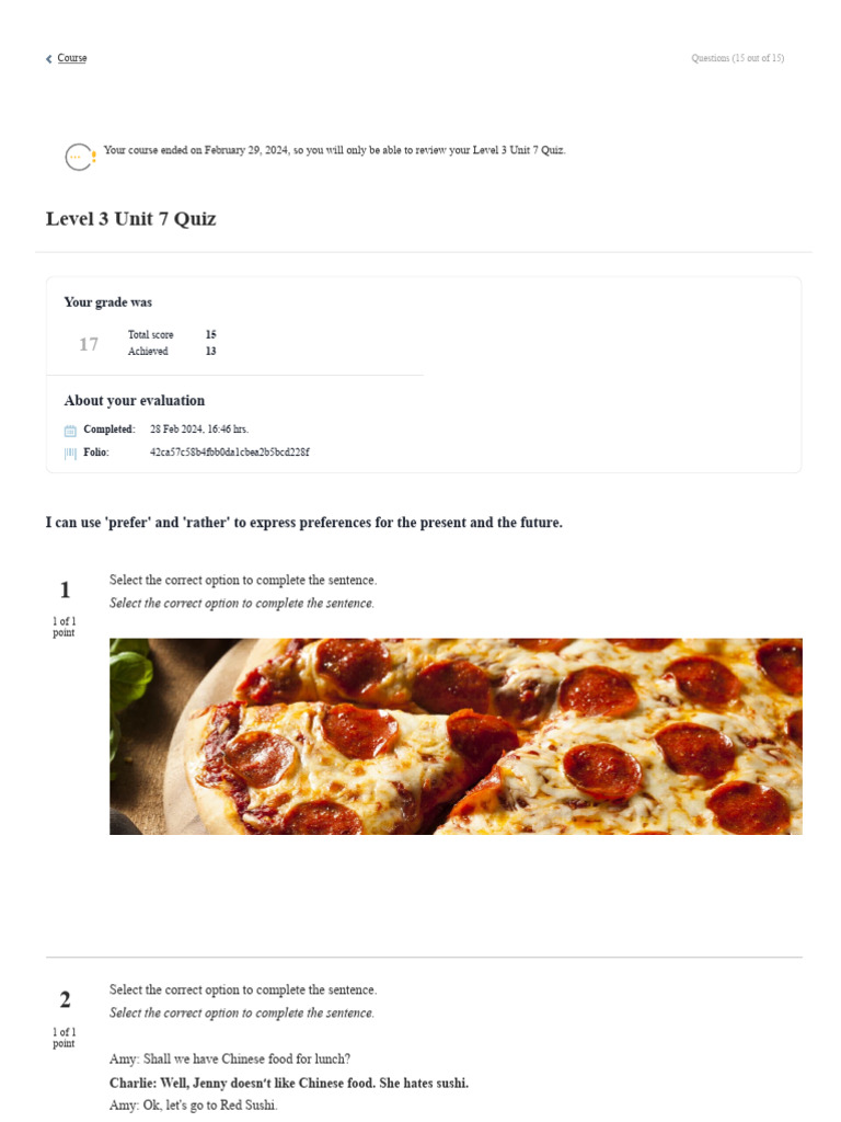 Level 3 Unit 7 Quiz: Your Grade Was | PDF | Syntax | Grammar