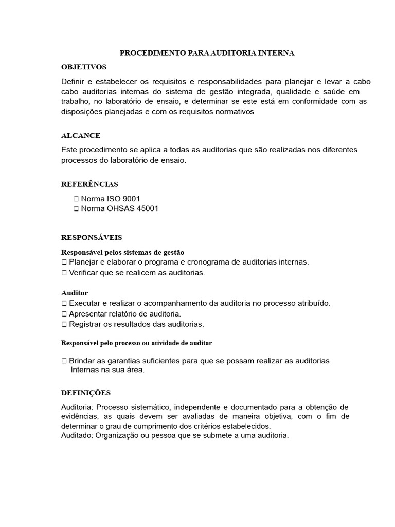 Procedimento de Auditoria Interna em Laboratório | PDF | Auditoria interna