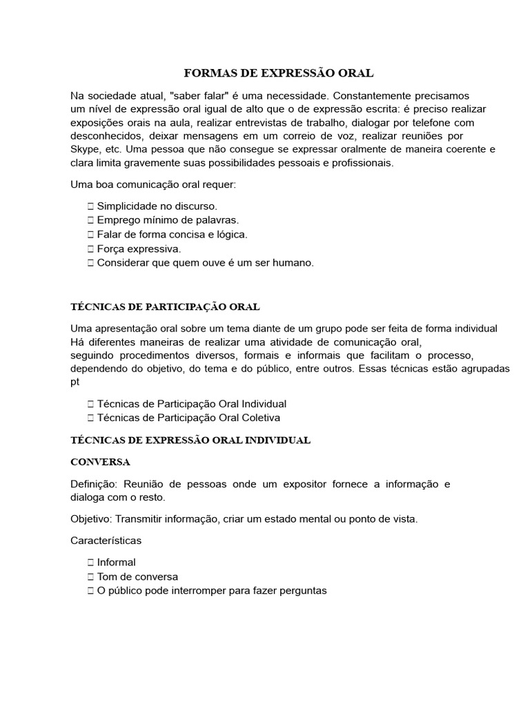 Técnicas de Expressão Oral Eficazes | PDF | Entrevista | Comunicação