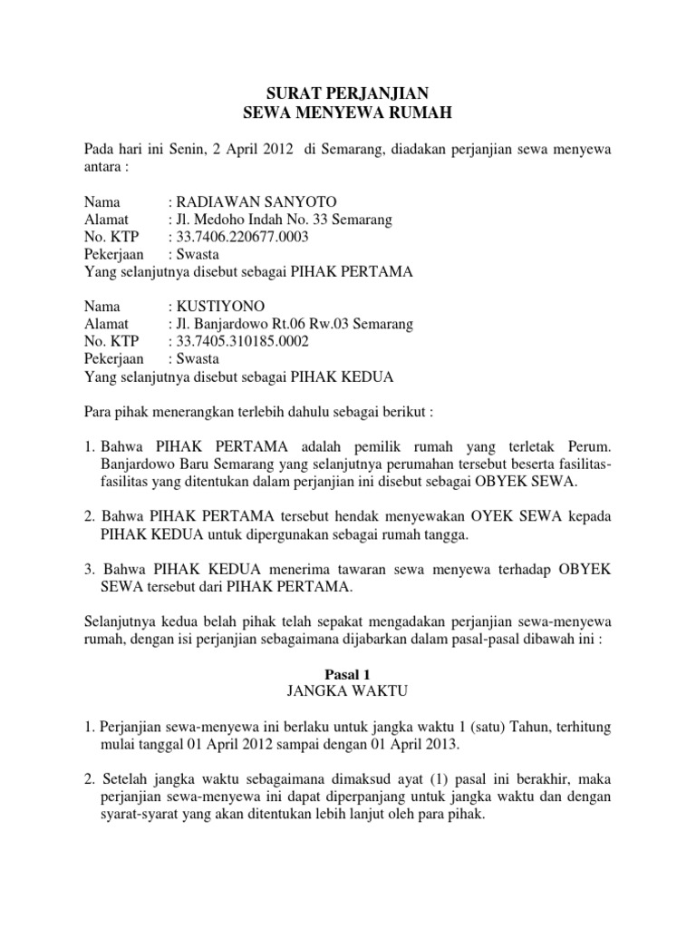 Surat Perjanjian Sewa Rumah