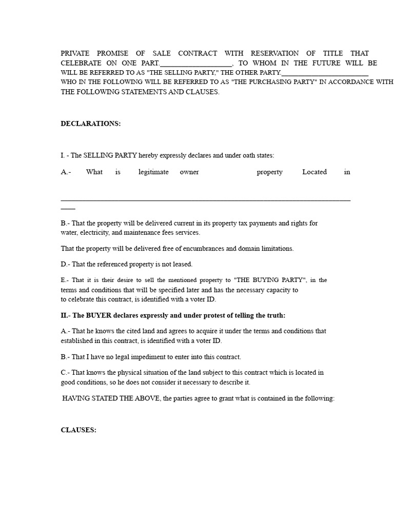 Private Sale Contract with Title Reservation | PDF | Property | Deed
