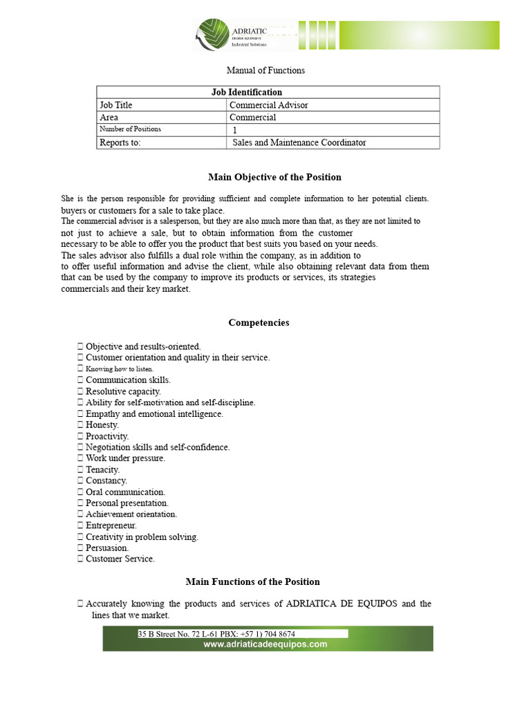 Adriatica Commercial Advisor Functions Manual | PDF | Sales | Databases