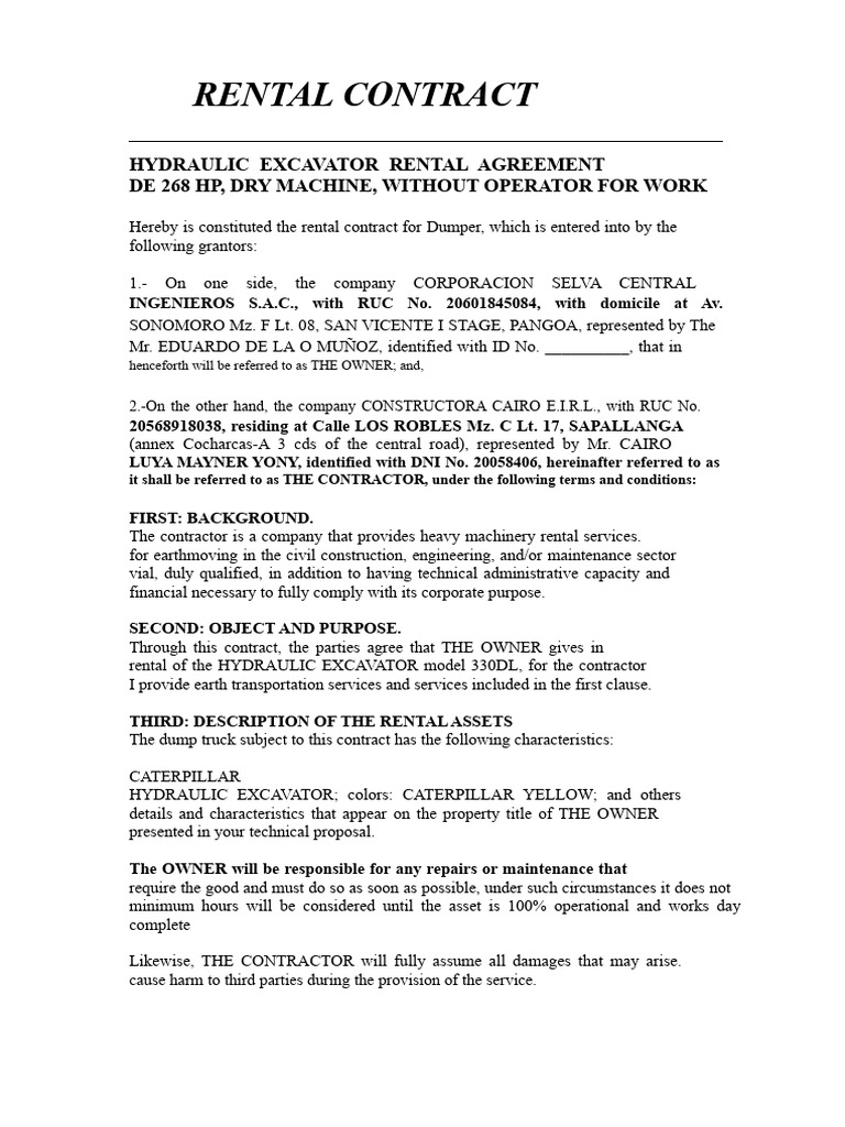 Excavator Rental Contract | PDF | Civil Law (Legal System) | Justice