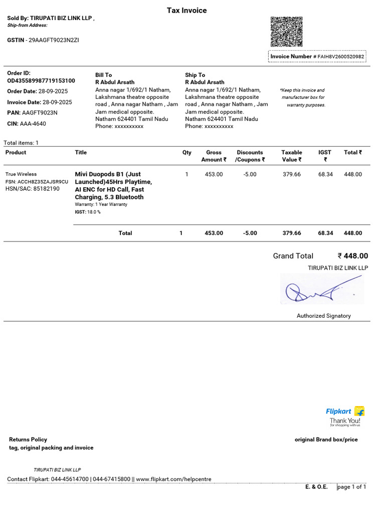 Invoice for Mivi Duopods B1 Purchase | PDF | Payments | Taxes