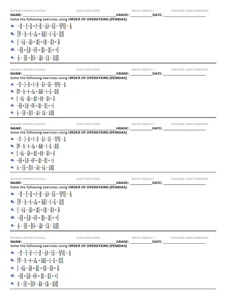 Quiz Operaciones Con Fracciones 7c | PDF