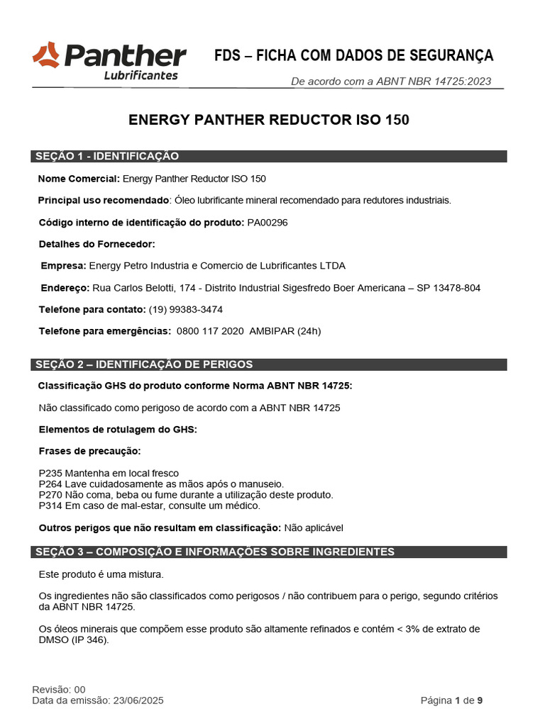 Ficha de Segurança Energy Panther ISO 150 | PDF | Desperdício