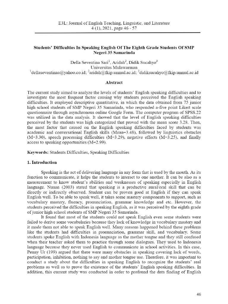 View of Students' Difficulties in Speaking English of The Eighth Grade ...