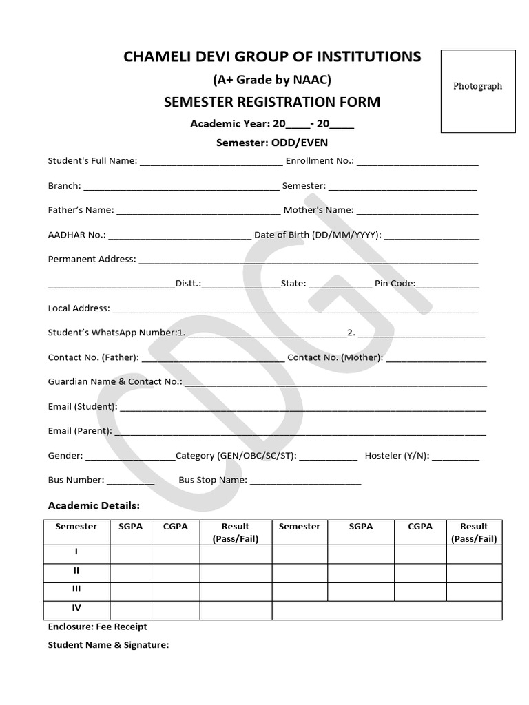 Semester Registration Form 20____-20____ | PDF