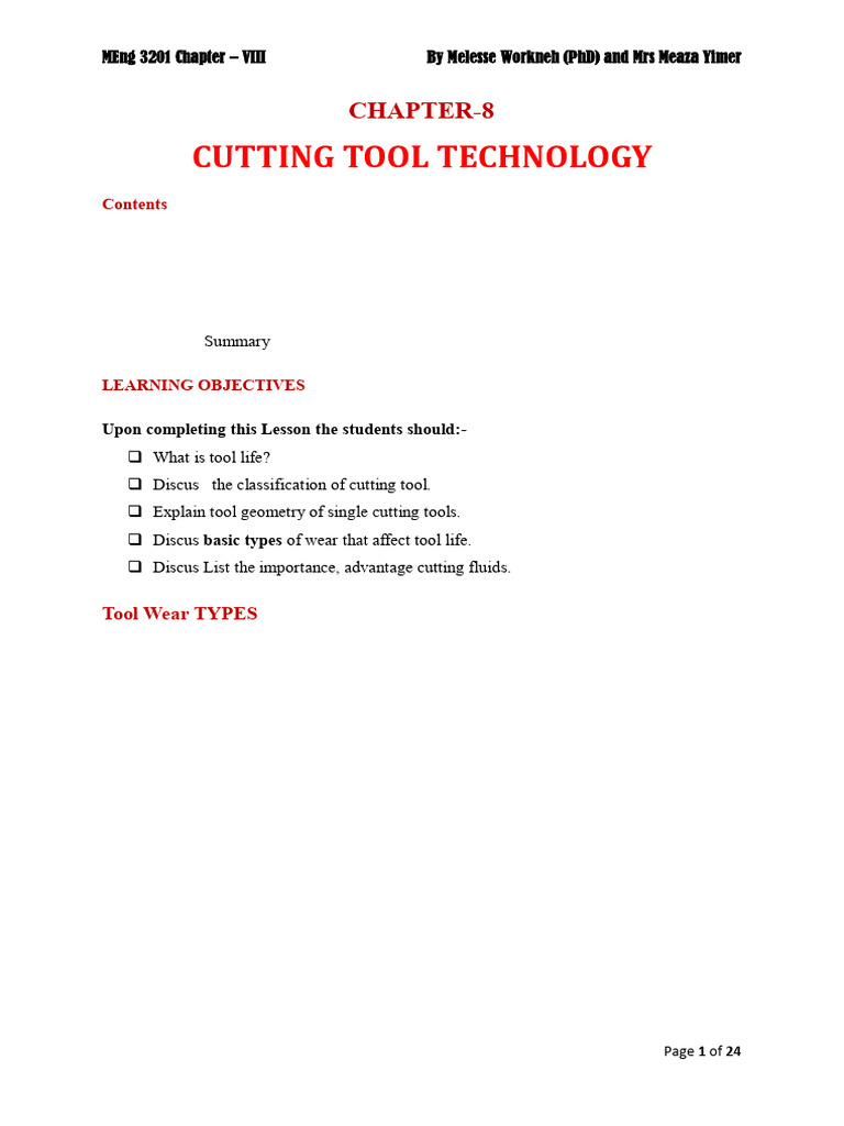 + Meng 3201 Chapter - 8 Cutting Tool Technology | PDF | Wear | Steel
