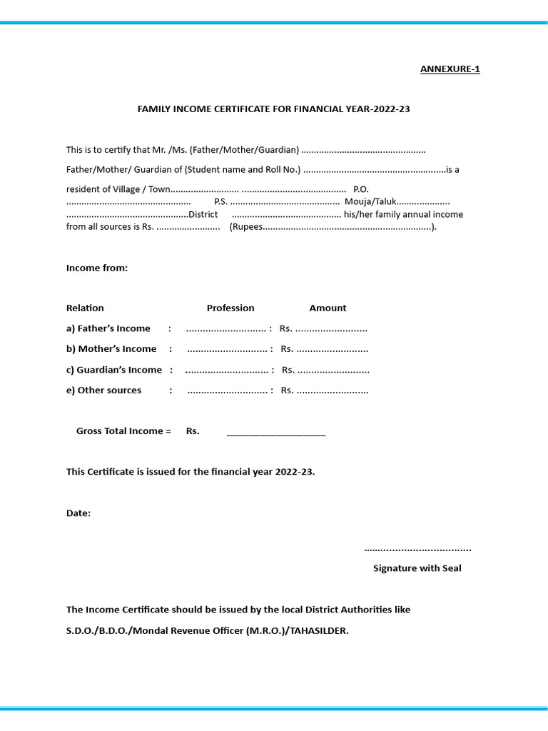 Family Income Certificate FY 2022-23 | PDF