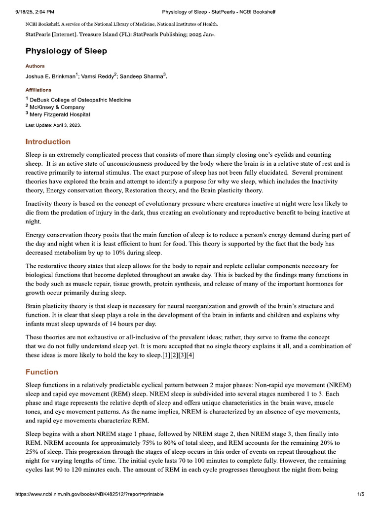 Sleep Physiology 1 | PDF