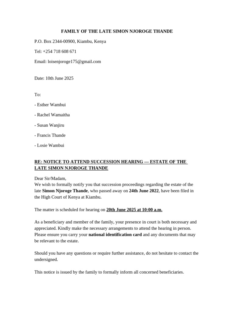 Succession Hearing Notice for Simon Thande | PDF