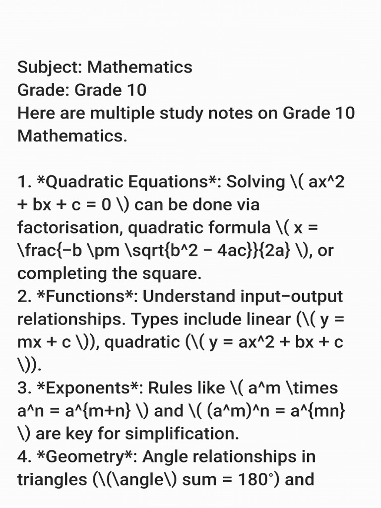 Math GR 10 Study Notes - 251001 - 220839 | PDF