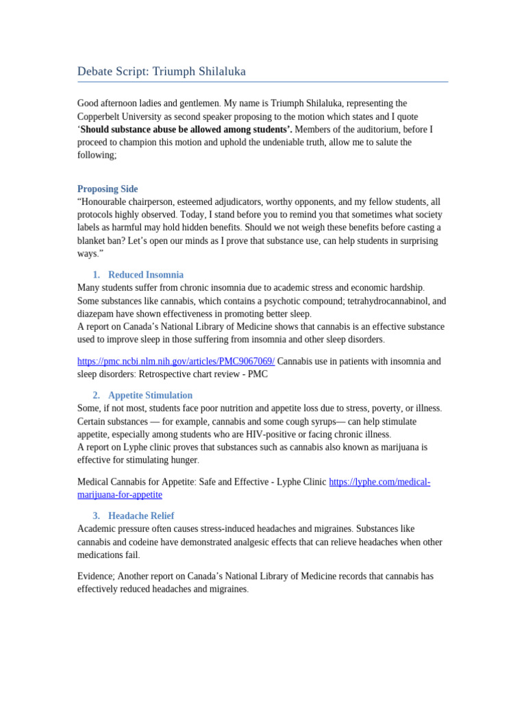 Debate Script Triumph Shilaluka | PDF | Substance Abuse | Cannabis (Drug)