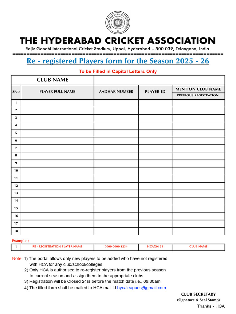 HCA 2025 Player Re-registration Form | PDF