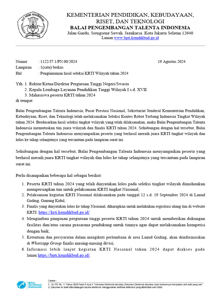 Pengumuman Juara KRTI 2024 Nasional | PDF