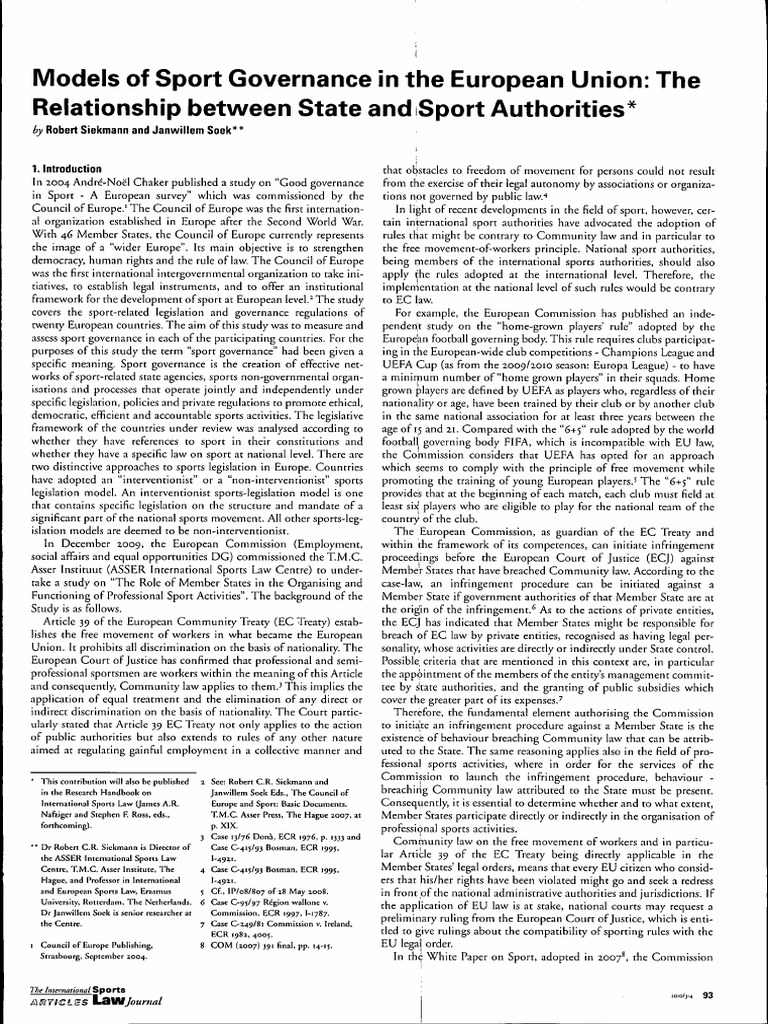 Sport Governance Models in the EU | PDF | Sports | European Court Of ...