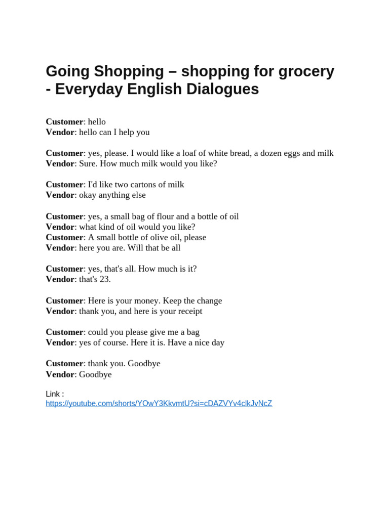 Grocery Shopping Dialogue Example | PDF