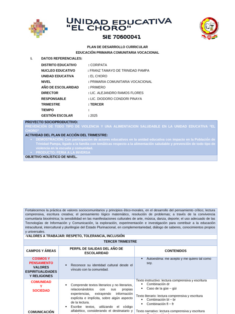 Plan Curricular Primaria Vocacional 2025 | PDF | Aprendizaje | Plan de ...