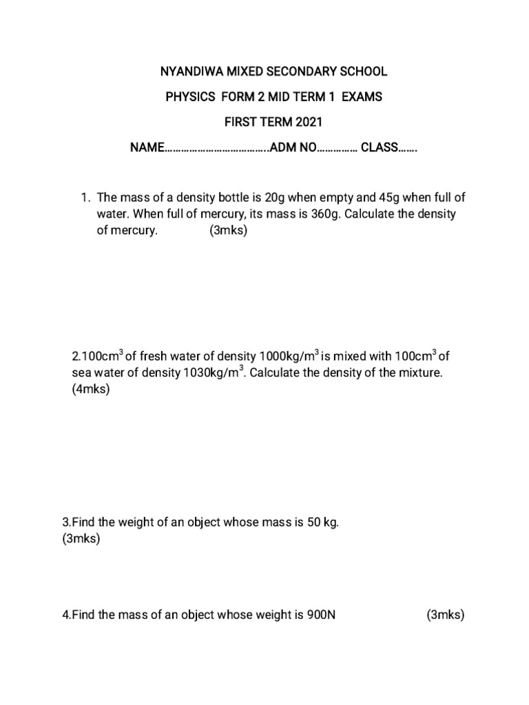 Physics Form 2 Mid Term Exam 2021 | PDF