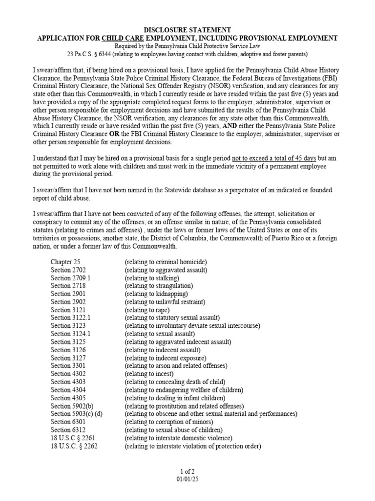 Child Care Employment Disclosure Form | PDF | Criminal Record | Title ...