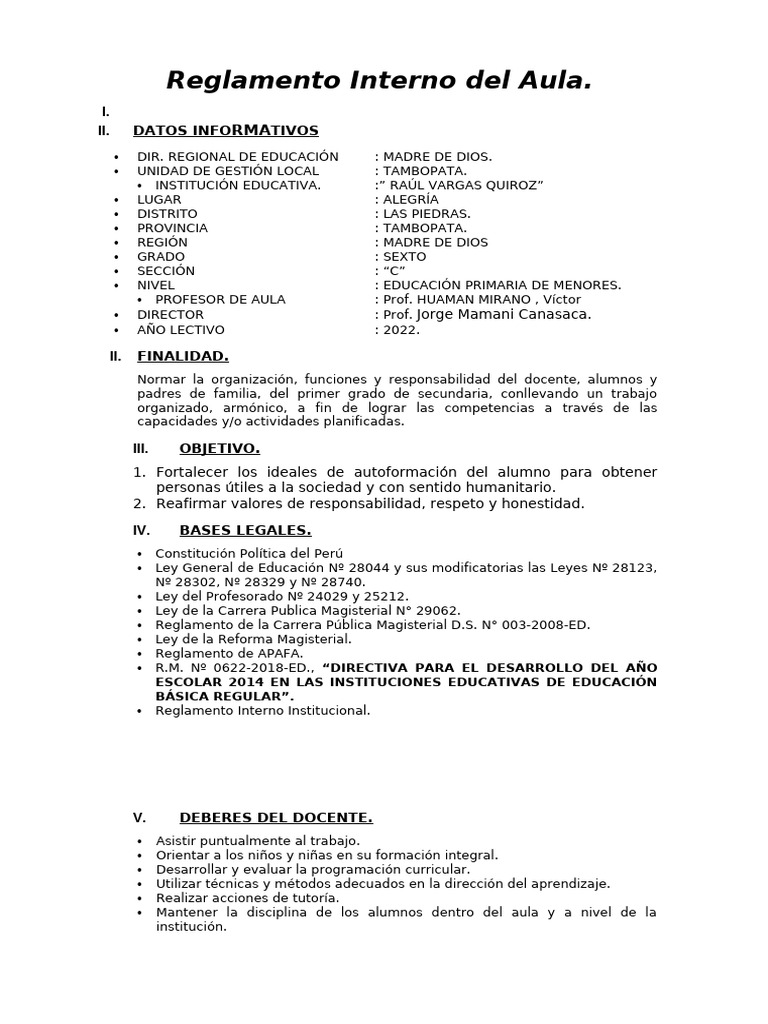 Reglamento Interno del Aula 2022 | PDF | Salón de clases | Aprendizaje