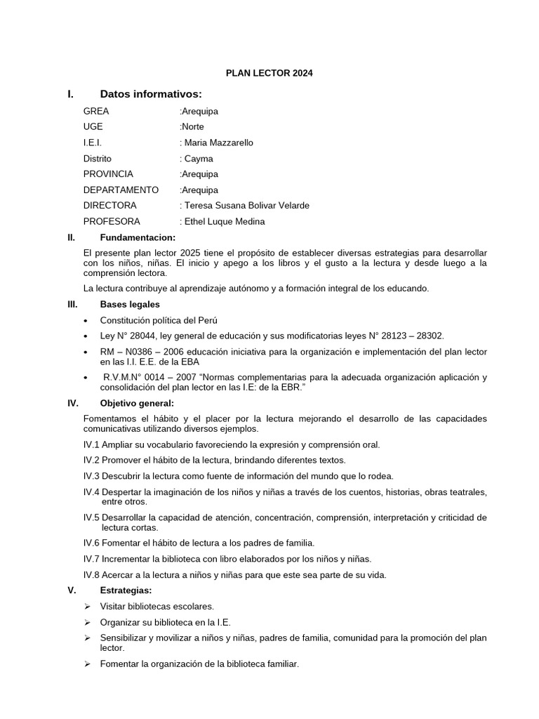 Plan Lector 2024 para Niños en Arequipa | PDF | Salón de clases ...