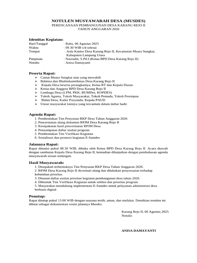 Notulen Musdes RKP Desa 2026 | PDF