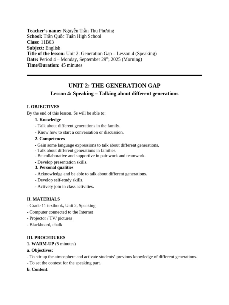 Generation Gap: Speaking Lesson Plan | PDF | Communication