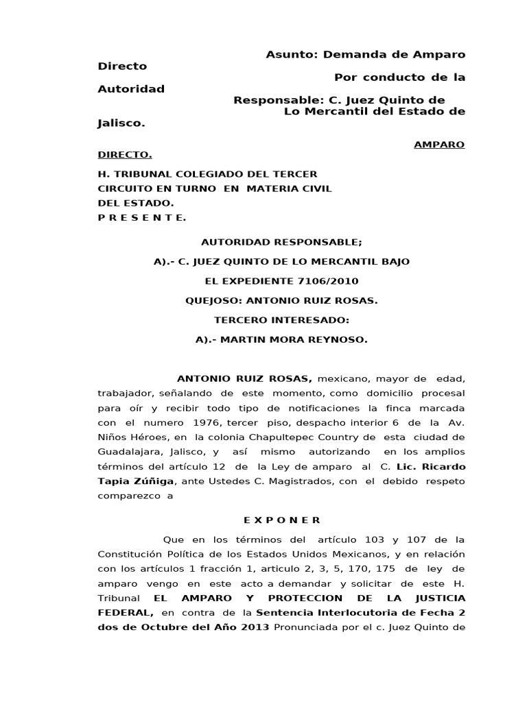 Demanda de Amparo en Juicio Mercantil | PDF | Sentencia (ley) | Judicaturas