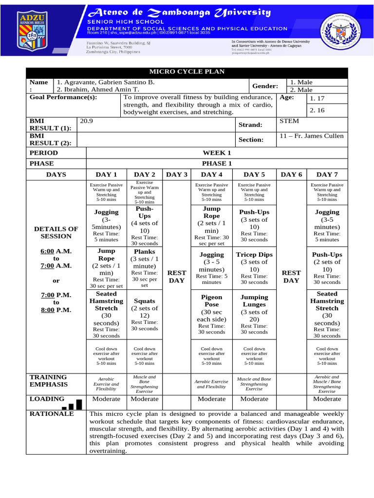 Weekly Fitness Micro Cycle Plan | PDF | Flexibility (Anatomy) | Aerobic ...