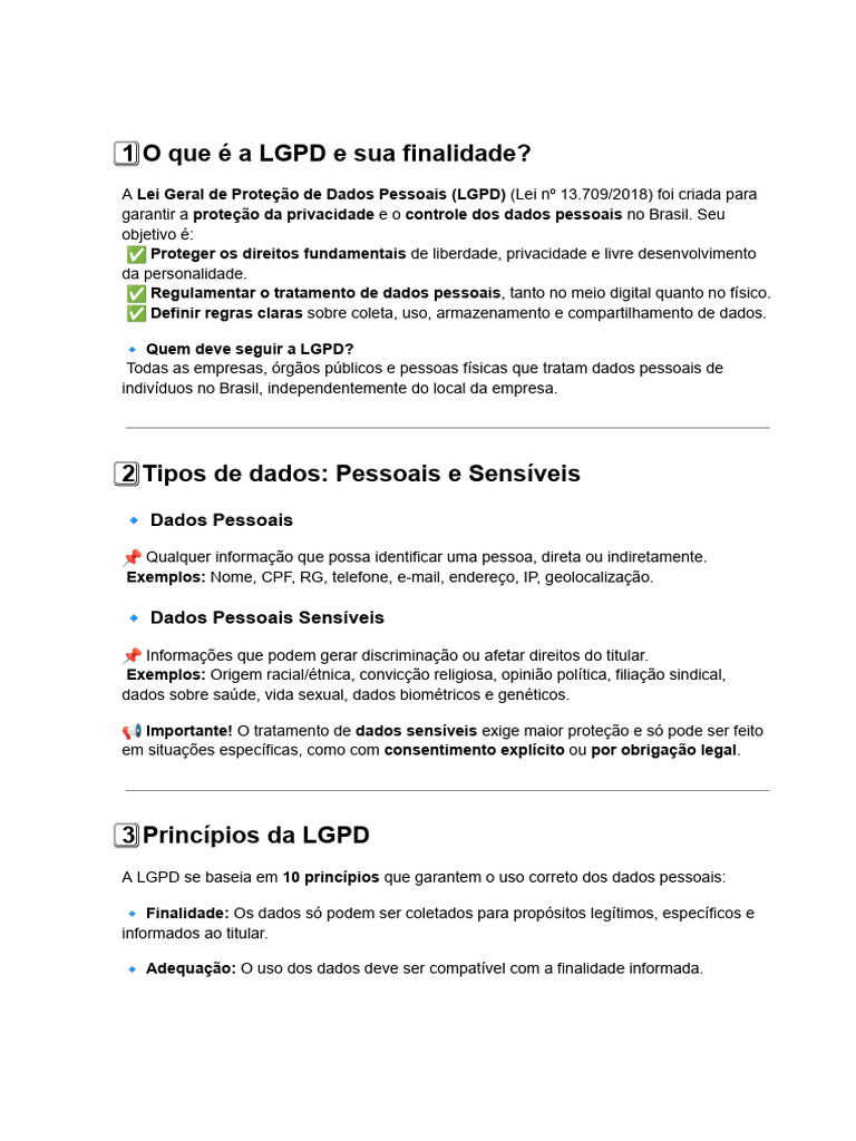 Resumo da LGPD e Seus Princípios | PDF
