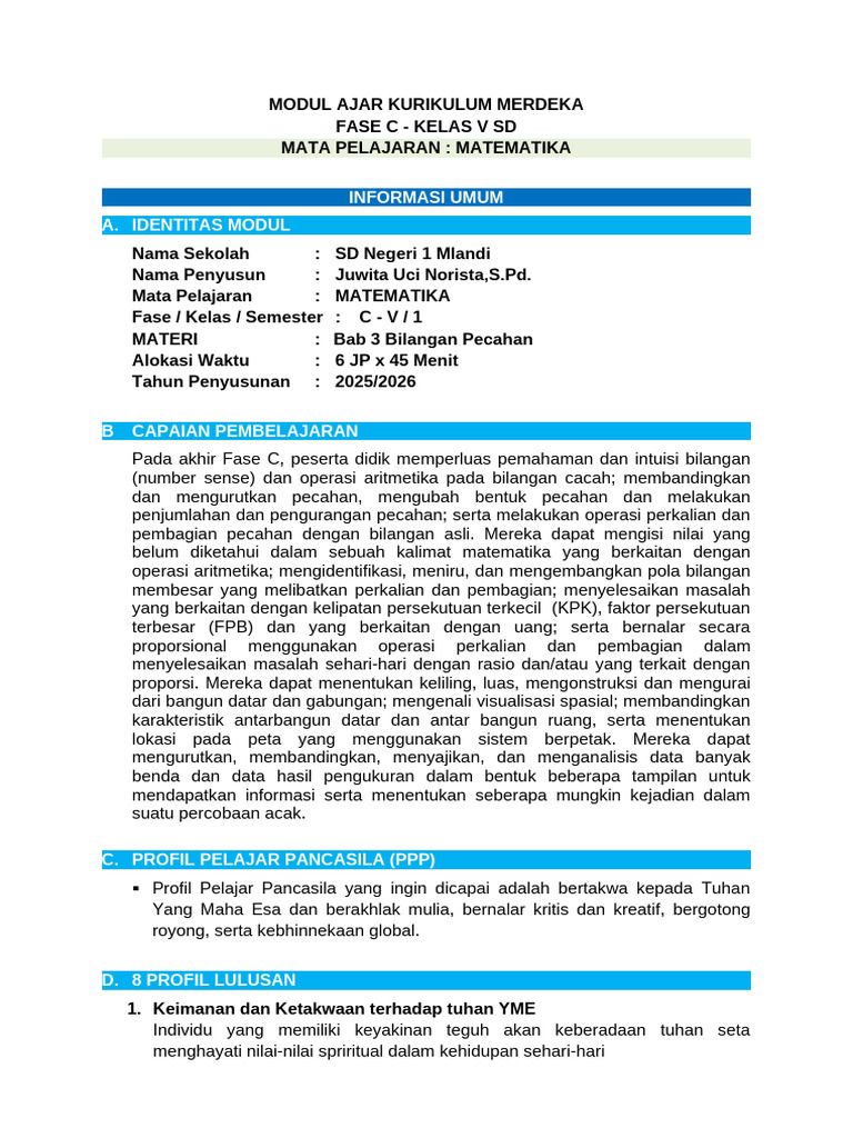 Modul Ajar Matematika Kelas V SD | PDF