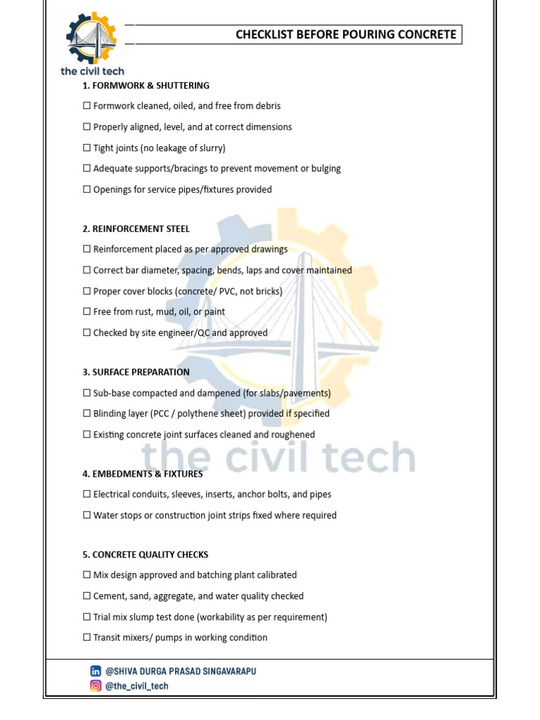Concrete Pouring Checklist Guide | PDF
