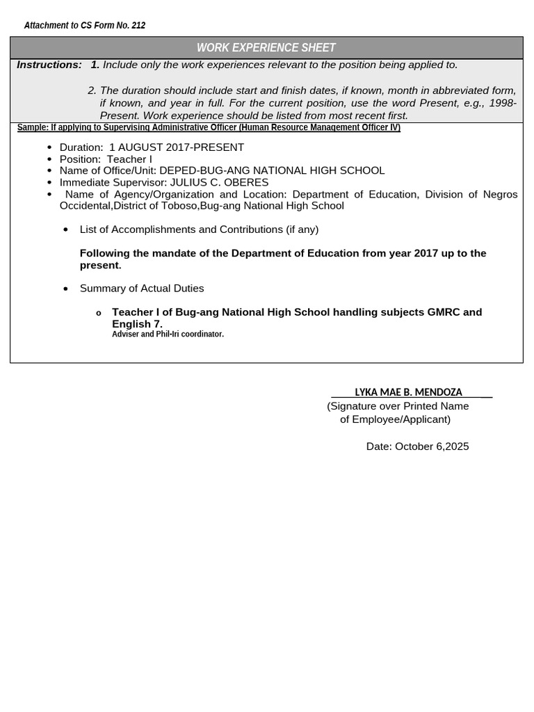 Work Experience Sheet for Teacher I Position | PDF