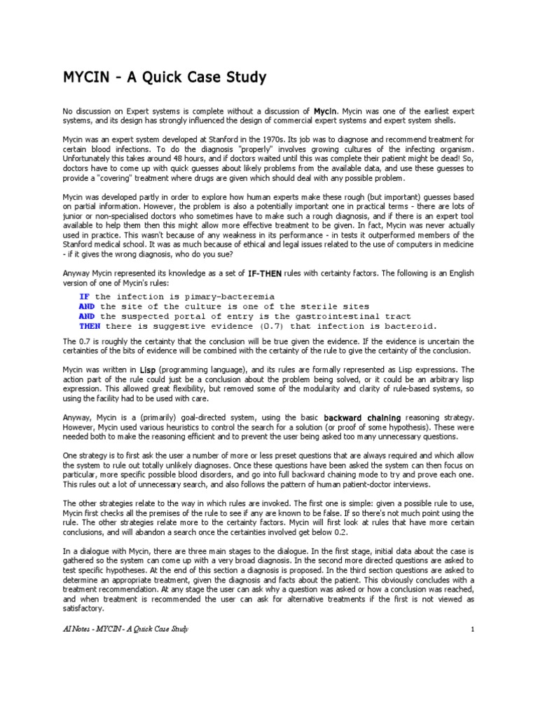 MYCIN - A Quick Case Study | PDF | Medical Diagnosis | Health Sciences