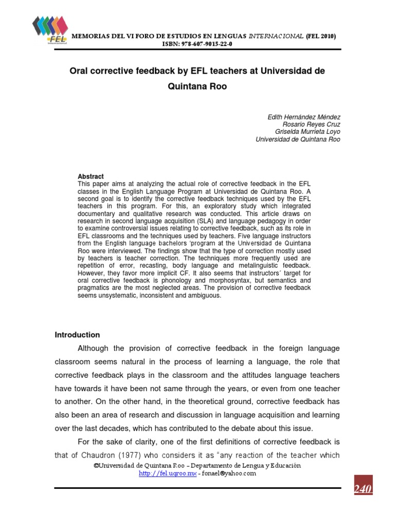 Oral Corrective Feedback by EFL Teachers at Universidad de Quintana Roo ...