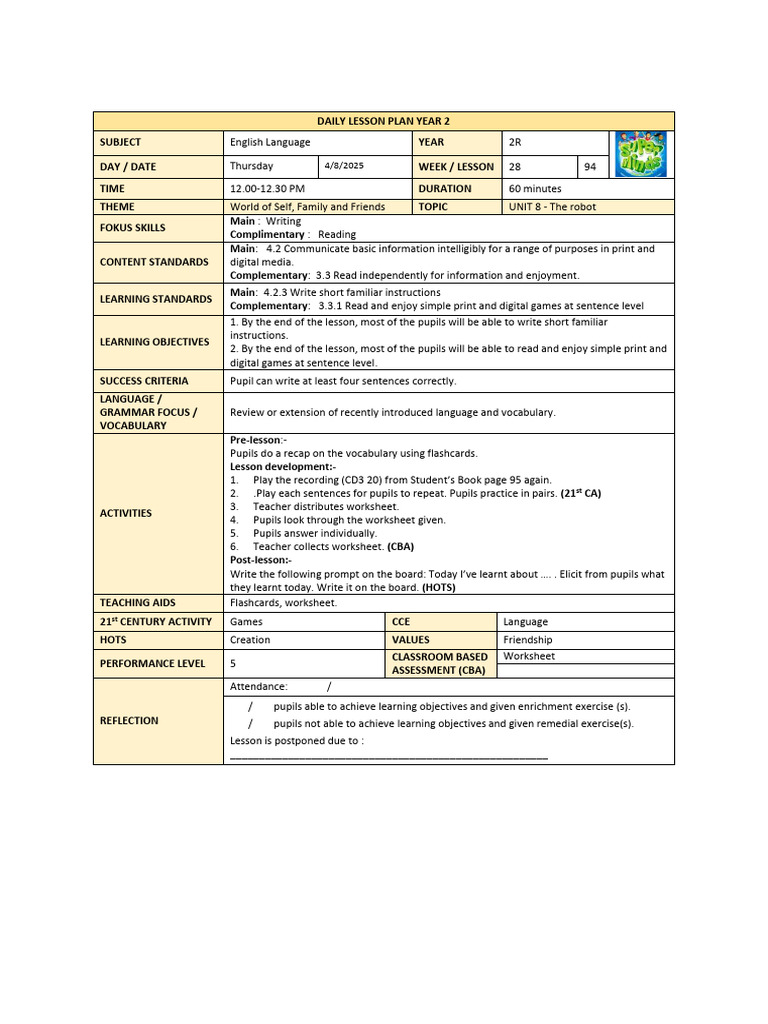 Daily Lesson Plan Year 2r | PDF | Lesson Plan | Teachers